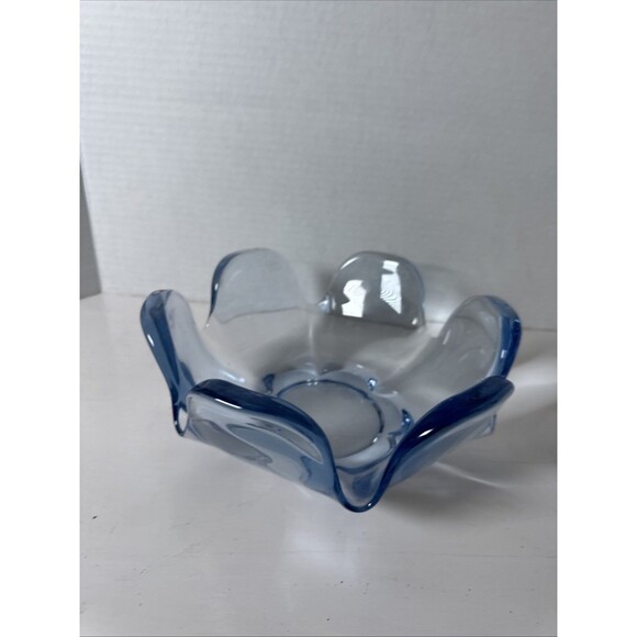 Lovely Blue Glass Flower Shaped Art Glass Bowl 8.75” Thick Blue Tinted Glass - Picture 1 of 6